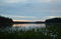 Finnish summer night. Lake, fading light and pastel colors. Cotton grass in the foreground.