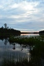 Finnish summer night. Lake, fading light and pastel colors. Cotton grass and water grass in the foreground