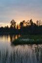 Finnish summer night. Lake and sunset. Fading light, pastel colors. Water grass in the foreground.