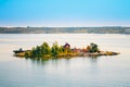 Finnish Wooden Bath Sauna Log Cabin On Island In Summer