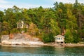 Finnish Wooden Bath Sauna Log Cabin On Island In Summer