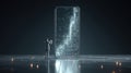 Fintech Character Analyzes Hologram Phone Screen With Marketing Data in a Dark Setting Focused on Technology and Finance Royalty Free Stock Photo