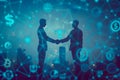 Fintech concept - human silhouettes shaking hands, interconnected by digital threads