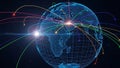 Fintech 3d data visualization connecting the globe with vibrant digital network lines originating from a bright central point Royalty Free Stock Photo