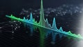 Fintech 3d data visualization featuring a vibrant green and blue line graph over a dark grid background with network nodes Royalty Free Stock Photo