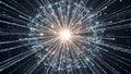 Fintech 3d data visualization forming a glowing network of lines and points radiating from a bright central core against a dark Royalty Free Stock Photo