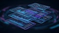 Fintech 3d data visualization with futuristic interface displaying stock charts and financial analytics in neon blue and purple Royalty Free Stock Photo