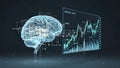 Fintech 3d data visualization of a glowing digital brain connected to a financial stock market graph on a dark background Royalty Free Stock Photo