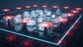 Fintech 3d data visualization with glowing red circuits and transparent data blocks on a digital grid Royalty Free Stock Photo