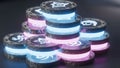 Fintech 3d data visualization of glowing tokens stacked in piles, showcasing financial technology and digital currency concepts Royalty Free Stock Photo