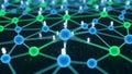 Fintech 3d data visualization network with interconnected nodes, dollar signs, and glowing green and blue spheres against a dark Royalty Free Stock Photo