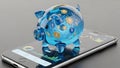 Fintech 3d data visualization of a translucent blue piggy bank filled with cryptocurrency symbols on a smartphone screen Royalty Free Stock Photo