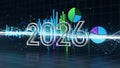 Fintech 3d data visualization of the year 2026 with glowing charts, pie graphs, and abstract financial streams Royalty Free Stock Photo