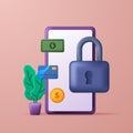 Fintech data security concept. app financial banking digital safety privacy technology. 3d icon padlock phone, money, card Royalty Free Stock Photo