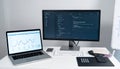 Fintech Developer Desk with Data and Code Royalty Free Stock Photo