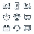 fintech line icons. linear set. quality vector line set such as deposit box, customer service, calendar, shopping cart, balance,