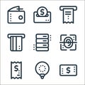 fintech line icons. linear set. quality vector line set such as money, idea, bill, fingerprint scan, database, money withdrawal,