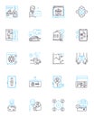 Fintech linear icons set. Cryptocurrency, Blockchain, Payments, Insurtech, Lending, Robo-advisors, Crowdfunding line