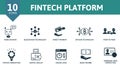 Fintech Platform icon set. Collection contain direct payment, robo advisor, blockchain technology, peer-to-peer and over icons.