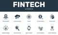 Fintech set icons collection. Includes simple elements such as Future of money, Digital native, Cryptocurrency and Direct payment