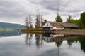 Historic Fintry fruit packinghouse on the shore of Okanagan Lake at Fintry Provincial Park