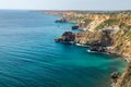 Fiolent Cape Crimea Black Sea. Blue azure seaside with corals sand and stones