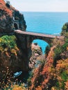 Fiordo di Furore picturesque landscape view on arch bridge with narrow road and and Tyrrhenian sea horizon Royalty Free Stock Photo