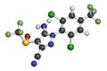 Fipronil insecticide molecule. 3D rendering. Atoms are represented as spheres with conventional color coding: hydrogen white,.