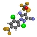 Fipronil insecticide molecule. 3D rendering. Atoms are represented as spheres with conventional color coding: hydrogen (white),