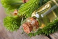 Fir aromatic oil in a glass bottle. macro horizontal