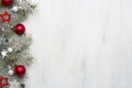 Fir branch with Christmas decorations on old wooden shabby background with copy space for text Royalty Free Stock Photo