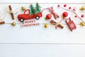 Fir branch with Christmas decorations on old wooden white background with copy space for text Royalty Free Stock Photo