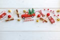 Fir branch with Christmas decorations on old wooden white background with copy space for text Royalty Free Stock Photo