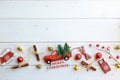Fir branch with Christmas decorations on old wooden white background with copy space for text Royalty Free Stock Photo