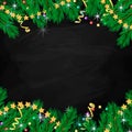 Fir branch, garland, streamers and stars. Holiday banner on chalk board