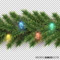 Fir branch with light bulb garland horizontal seamless pattern on transparent background. Vector Christmas and New Year Royalty Free Stock Photo