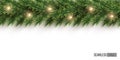 Fir branch with light bulb garland horizontal seamless pattern. Vector seamless Christmas tree background. Royalty Free Stock Photo