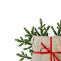 Fir branch / twig and burlap canvas christmas gift box on white