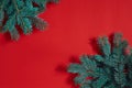 Fir branches border on red background, good for christmas backdrop Royalty Free Stock Photo