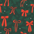 Seamless pattern with fir branches and red bows. Vector graphics. Royalty Free Stock Photo