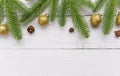 Fir branches christmas ball decoration for pine tree with golden balls holiday background Royalty Free Stock Photo