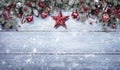 Fir Branches With Red Ornament On Snowy Plank Royalty Free Stock Photo