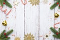 Fir branches, snowflakes, golden decorations. Flat lay, top view Royalty Free Stock Photo