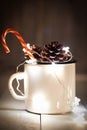 Fir cones in tin jar with sparkling star-shaped garland and single candy cane stick. Christmas decorations. Dark photo.