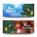 Fir spruce leaves garland accessories and golden metal decoration with snowfall and sky blue and night background. merry christmas