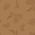 Fir-tree branch with a cone seamless pattern. Vector illustration of a pine cone on a pine branch. Fir-tree branch with a cone Royalty Free Stock Photo