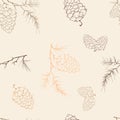 Fir-tree branch with a cone seamless pattern. Vector illustration of a pine cone on a pine branch. Royalty Free Stock Photo