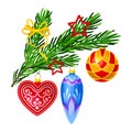 Fir Tree Branch Decorated with Bow and Christmas Bauble Vector Composition Royalty Free Stock Photo