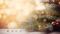 Fir tree branch and festive decor on music sheets, bokeh effect