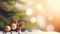 Fir tree branch and festive decor on music sheets, bokeh effect